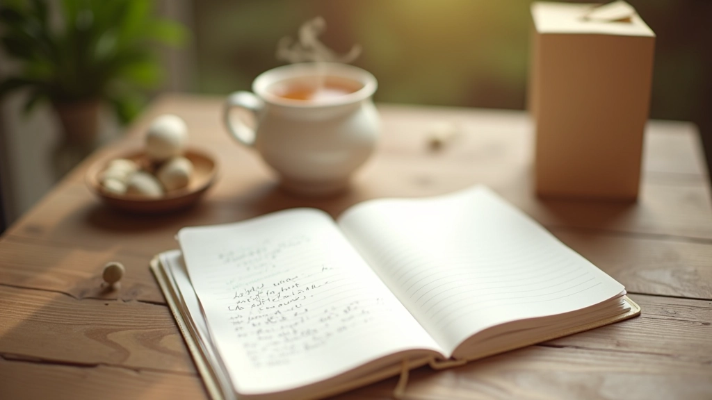 Quaderno con note sulla pratica meditativa, tazza di tè e ambiente ordinato che riflette consapevolezza