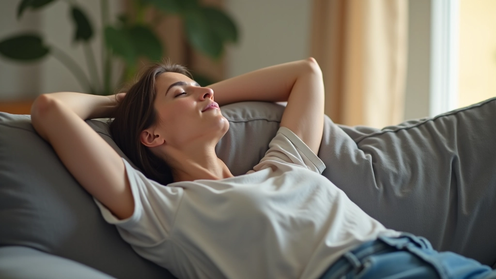 Persona che si estende in una posizione di riposo completamente rilassata su divano grigio confortevole