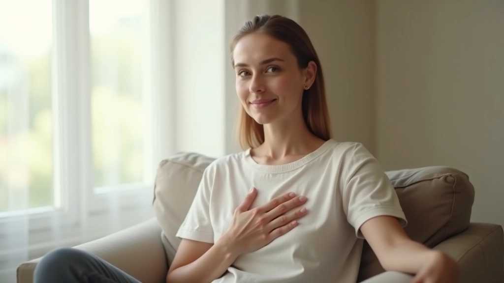 Persona che pratica la respirazione 4-7-8 in posizione seduta, con una mano sul petto e espressione consapevole, in un ambiente tranquillo e luminoso