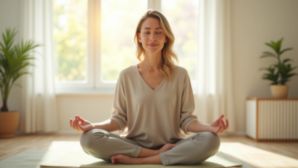 Persona che pratica meditazione in un ambiente sereno con finestre luminose, seduta in posizione meditativa