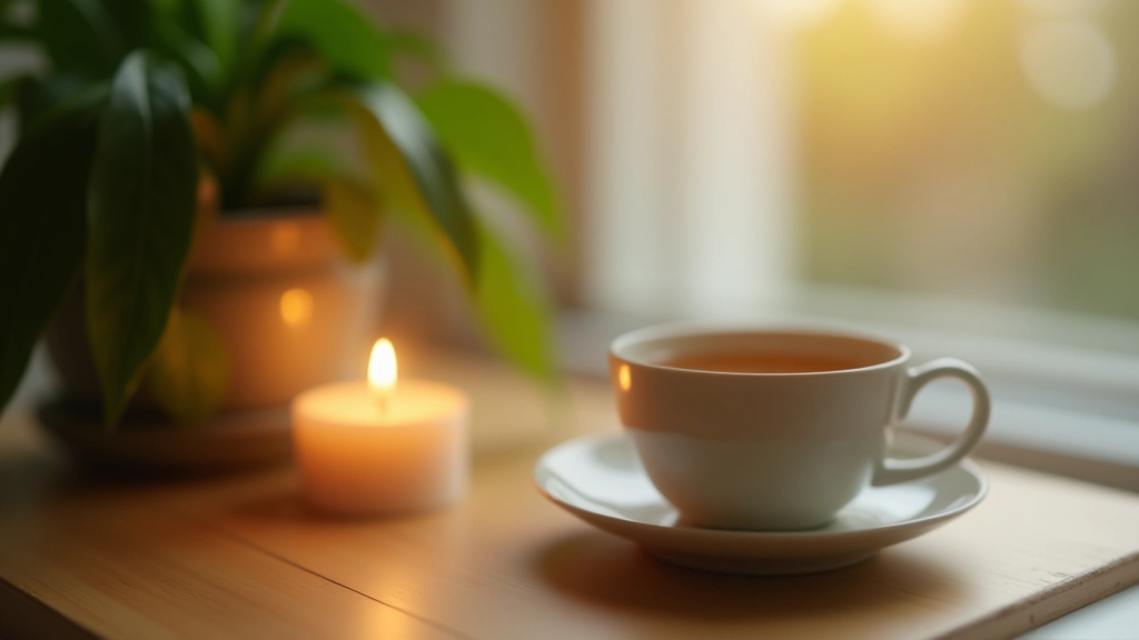 Ambiente sereno con candela accesa, pianta verde e tazza di tè su tavolo di legno, setting rilassante